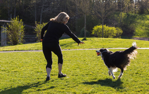 林恩·格默尔和她的狗贝拉在西雅图她家附近的公园里。贝拉参与了一项雷帕霉素试验。这种药能延长实验室老鼠的寿命。 