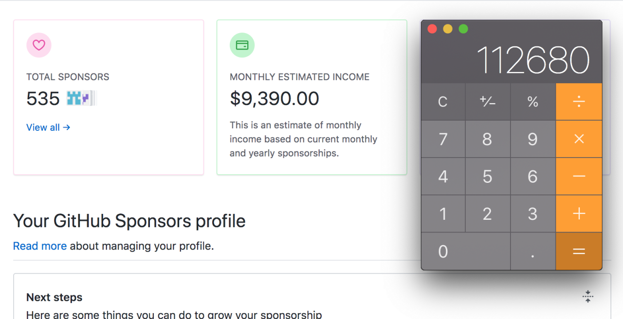 github赞助商仪表板的屏幕截图显示年收入为112680美元